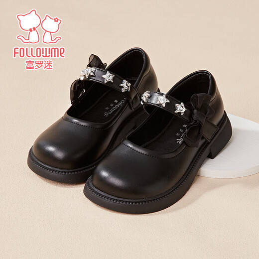 Fuluo Mi Girls Leather Shoes Spring New Fashion Versatile Princess Shoes Little Girls Soft Sole Anti-Slip Square Mouth Single Shoes Black 31