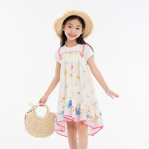 EP YAYING children's clothing 2026 spring new fake two-piece short-sleeved large skirt casual dress for girls, pink 120