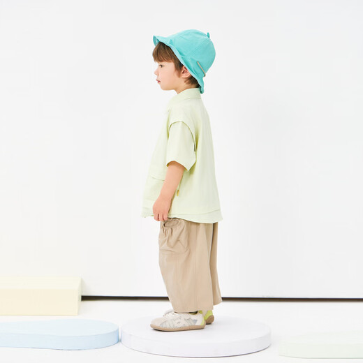 Papa summer children's shirt for boys and girls, two-piece fake short-sleeved tops, cool, moisture-absorbing and quick-drying, light yellow 110