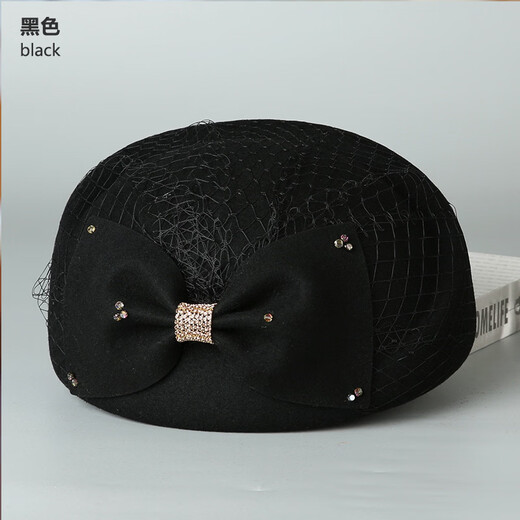 Lan Shimeng wears LACE MONDE retro elegant bow wool beret women's autumn and winter fashion fishnet beret fashion hat wholesale customization black M adult one size fits all (adjustable 56-58c)