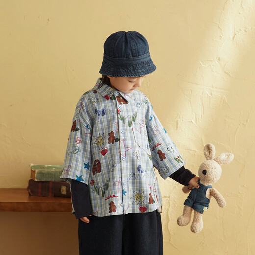 Yantaijia children's clothing boys fake two-piece long-sleeved shirt spring 2026 baby boy printed top children's plaid shirt gray green 100