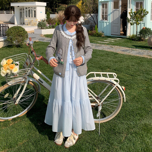 Mori tribe sweet and cute lamb embroidery fake two-piece knitted cardigan for women new versatile loose sweater spring knitted cardigan single piece S model size