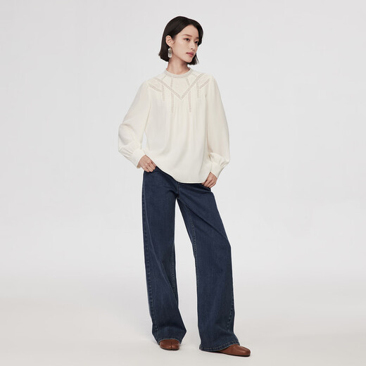 VGRASS26 Spring New 18MM Crepe de Chine Silk Temperament Small Stand-up Collar Partially Spliced Lace Small Top Xiangyun White S