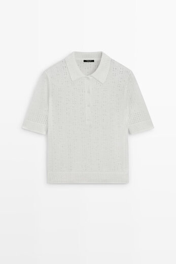 Massimo Dutti spring and summer new product 2026 women's simple hollow POLO collar sweater 05613542 off-white XS (165/84A)