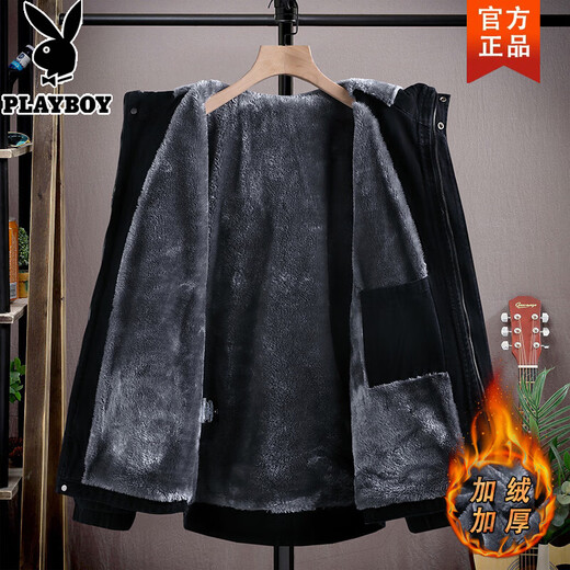 Playboy (PLAYBOY) winter coat jacket 2026 winter new denim jacket velvet thickened warm men's casual versatile jacket 9037 black velvet 2XL recommended 130-150Jin Jin equals 0.5 kg