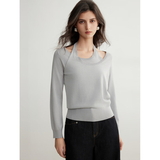ELLE French design halterneck sweater for women 2026 spring new high-end commuter casual soft waxy sweater, light gray S