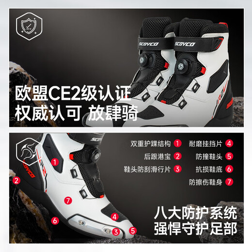 SCOYCO Cycling Boots, Cycling Shoes, Motorcycle Men's Competition Motorcycle Rally Boots, Motorcycle Shoes, Motorcycle Travel Equipment, Non-Slip and Wear-Resistant All Seasons, Commuting Short Boots MR002-2 (White) with Original Magnesium Alloy Side Guards 42