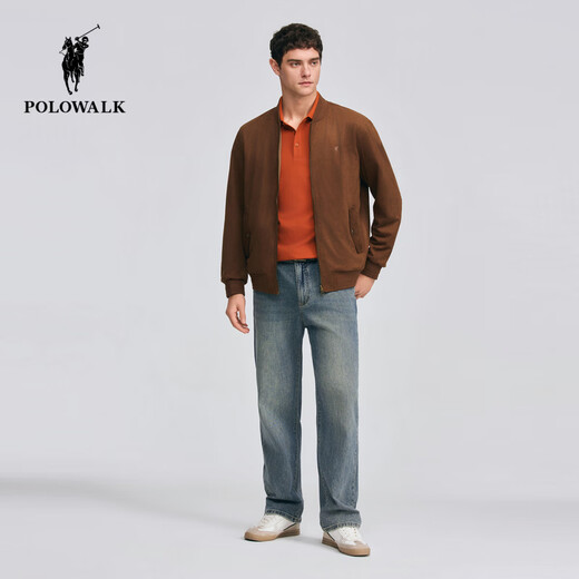 POLOWALK Men's Leather Jacket 2026 Spring New Men's Baseball Collar Retro Reversible Zip Leather Jacket Brown M (170)