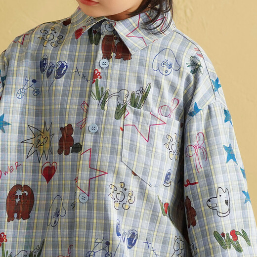 Yantaijia children's clothing boys fake two-piece long-sleeved shirt spring 2026 baby boy printed top children's plaid shirt gray green 100