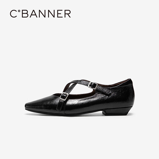 C.BANNER Cross Buckle Mary Jane Shoes Women's 2026 Spring New Low Heel Flat Leather Shoes Black 35 (225mm)