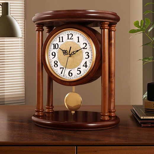 The Story of Time New Chinese style high-end solid wood old-fashioned table clock home tabletop clock antique sitting clock YS282 large size - brown swing model - solid wood - Lisheng movement height 34 width 28