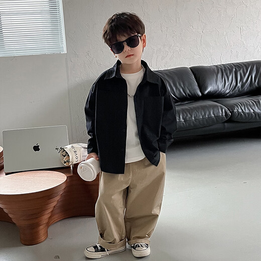 Boys white shirt long sleeve black 2025 new spring children's shirt jacket handsome top spring and autumn trendy black 140