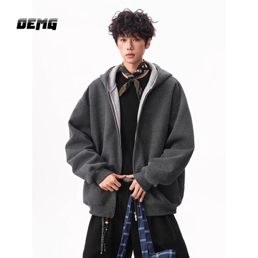 OEMG heavy cardigan sweatshirt men's spring and autumn casual hoodie sports loose color-blocked casual top versatile jacket dark gray high quality XL recommended 110-130Jin Jin equals 0.5 kg