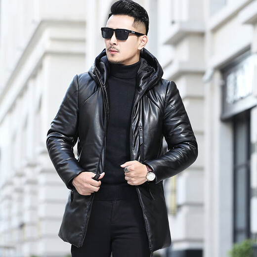 YISHION Winter New Haining Leather Clothes Men's Mid-Length Korean Style Slim Youth Hooded Leather Windbreaker Casual Jacket Black M