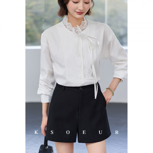 KSOEUR K sister fell in love at first sight exquisite lazy Chinese style lace strap pima cotton shirt for women white L