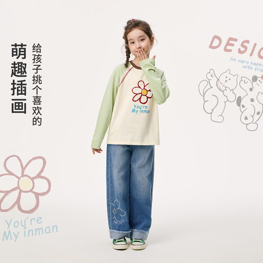 Xiaoyinman children's clothing girls pure cotton T-shirt cartoon letter printing 26 spring new style long-sleeved bottoming shirt for middle and large children green 140