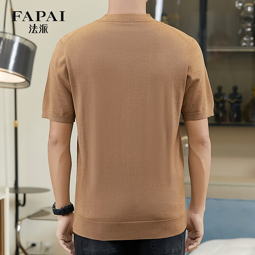 FAPAI FAPAI machine washable pure wool short-sleeved wool sweater men's thin worsted T-shirt round neck sweater golden brown camel 50