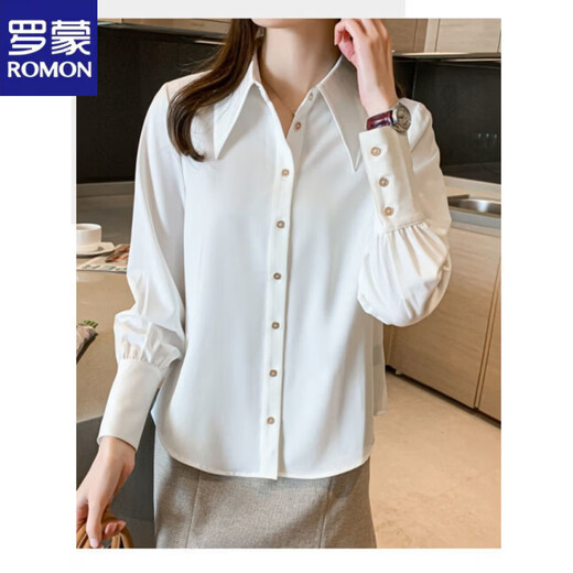 ROMON white shirt women's long-sleeved 2026 spring and autumn new large collar shirt loose slim design niche stacking top white 2XL