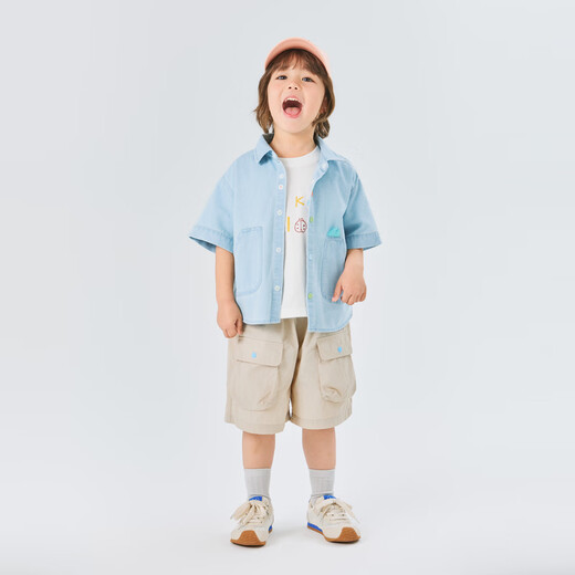 Papa climbing summer children's shirt boys embroidered denim top cool sun protection cute and versatile light blue 130