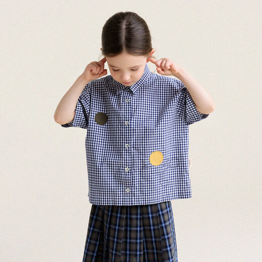 Yoona's Mom Girls 2026 Spring New Korean Plaid Short-Sleeved Children's Fashion Shirt Baby Shirt Top Trendy Blue and White Checkered Ready Stock 150