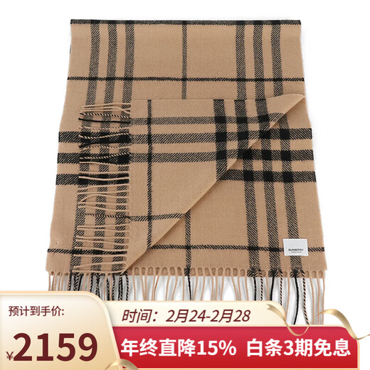 Burberry (BURBERRY) scarf Burberry scarf plaid printed tassels wool velvet scarf same style for men and women couple model camel 80942811 210*45CM