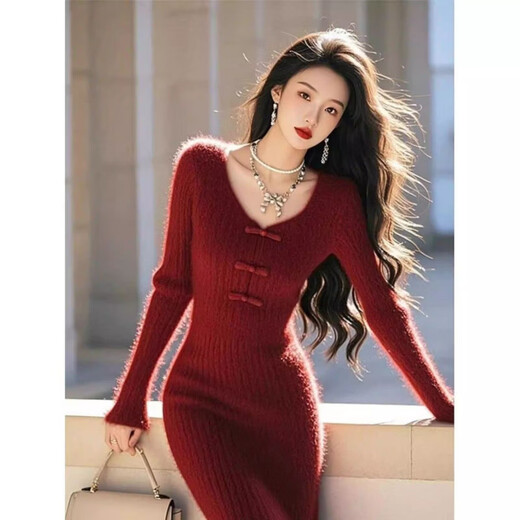 Rice New Year shirt-like skirt for women in winter light luxury high-end imitation wool new Chinese style red plush knitted dress red S