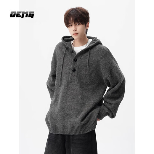 OEMG American heavyweight hooded sweater for men in autumn and winter trendy high-end knitted sweater button top lazy jacket gray XL recommended 110-130Jin Jin equals 0.5 kg