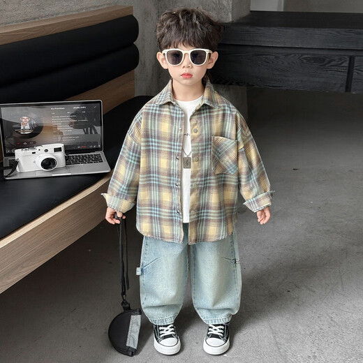 Boys spring and autumn plaid shirt 2026 new children's clothing handsome top baby Korean style long-sleeved shirt trendy khaki shirt 90 cm