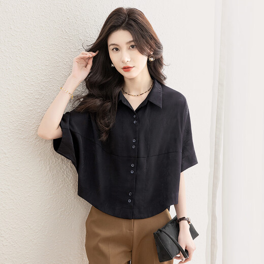 Sibaishe Lapel Shirt 2026 Spring New Women's Quarter Sleeve Simple Loose Commuting Short Shirt Black L