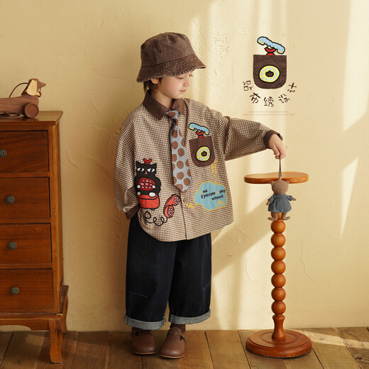 Yantaijia children's clothing boys' coffee color plaid long-sleeved shirt 2026 spring new style children's clothing children's shirt coffee color 130