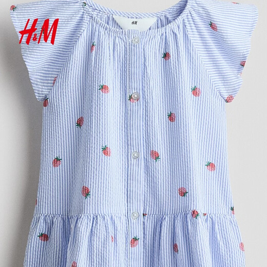 H&M2026 Spring New Children's Clothing Children's Girls Layered Seersucker Dress 1318697 Light Blue/Strawberry 110 110/56(3-4Y)