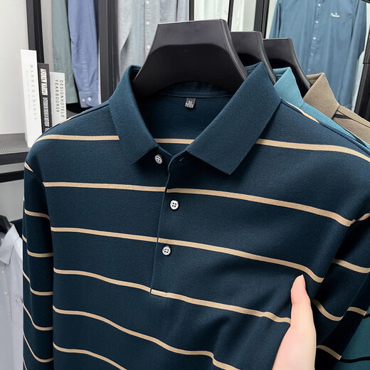 K-Boxing Men's (K-Boxing) mercerized cotton long-sleeved polo shirt men's striped lapel 2026 spring and autumn new middle-aged casual T-shirt dad wear navy blue M 48