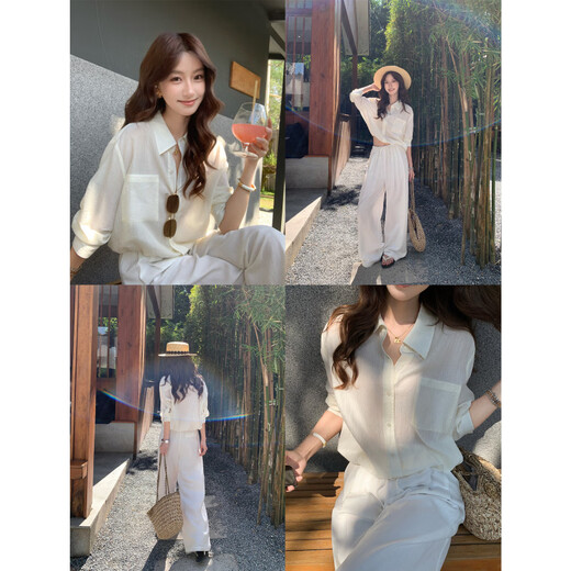 Pusumede Wuyu white and blue casual striped shirt slightly see-through loose temperament long-sleeved shirt apricot bottom white stripes S