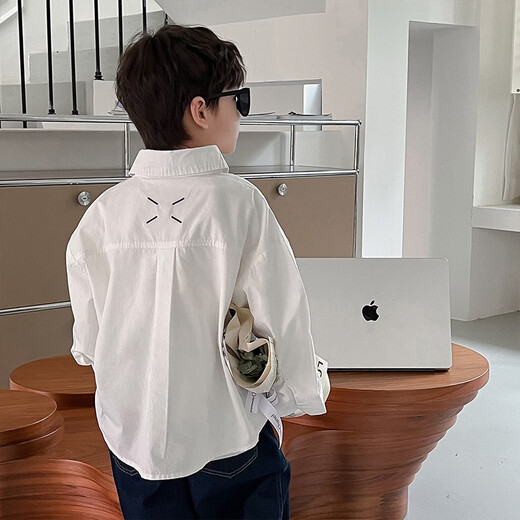 Boys white shirt long sleeve black 2025 new spring children's shirt jacket handsome top spring and autumn trendy black 140