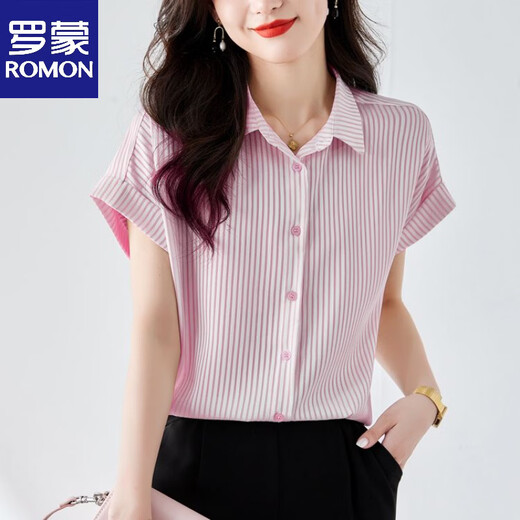 ROMON POLO collar short-sleeved striped chiffon shirt for women summer new fashion style shirt loose belly cover green S