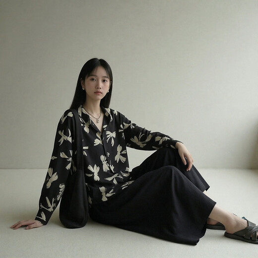 Nishimachi Village House (SETIROM) Casual Shirt Women's Spring New Retro Contrast Print Long-Sleeved Shirt HA9103045 Black Background White Flowers One Size