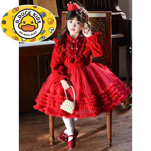 HAL.DUCK Girls' Velvet Princess Dress Winter Clothes 2025 New Children's Red New Year's Dress Girls' Mesh Puff Skirt Red 100 cm