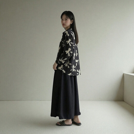 Nishimachi Village House (SETIROM) Casual Shirt Women's Spring New Retro Contrast Print Long-Sleeved Shirt HA9103045 Black Background White Flowers One Size