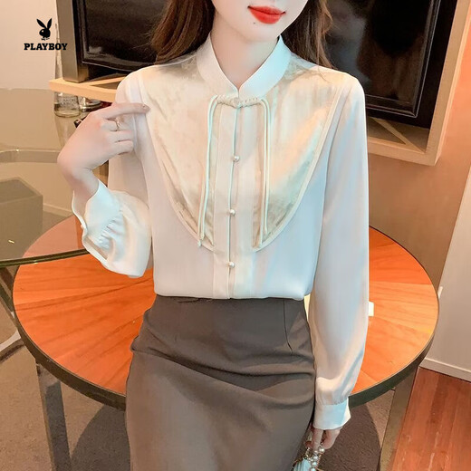 Playboy (PLAYBOY) Early Spring 2026 New Spring Clothes National Style Plate Button New Chinese Style Shirts Women's Simple Versatile Tops Western Style Small Shirts Official Flagship Apricot Color S 80-95Jin Jin is equal to 0.5 kg