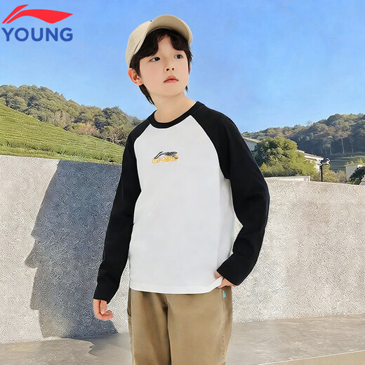 Li-Ning Boys Long Sleeve Spring Youth Round Neck Loose Casual Clothes Pullover Children's Trendy Raglan Sports Top White/Black/Black 140 cm