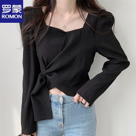 ROMON Hong Kong Style Slim Square Collar Shirt Women's Design Irregular Lace Top Long Sleeve Fashion Short Chic Shirt Black S