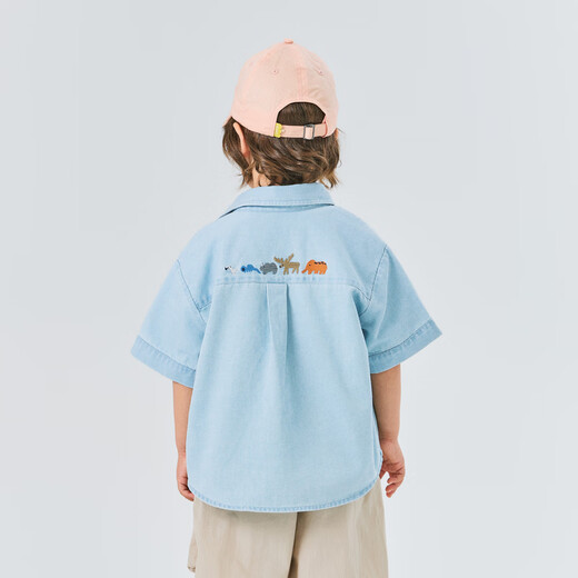 Papa climbing summer children's shirt boys embroidered denim top cool sun protection cute and versatile light blue 130