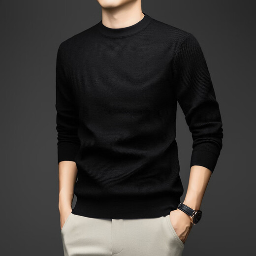 GUSKI brand wool sweater men's 100% pure wool high count worsted sweater autumn and winter solid color round neck waffle bottoming shirt black 100% pure wool S 165 reference weight 105-120Jin Jin is equal to 0.5 kg