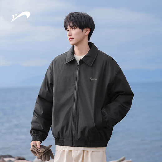 Guireniao American Fashion Cotton Clothes Men's Lapel Jacket-style Cotton Clothes Outdoor Warm Casual Tops Black M