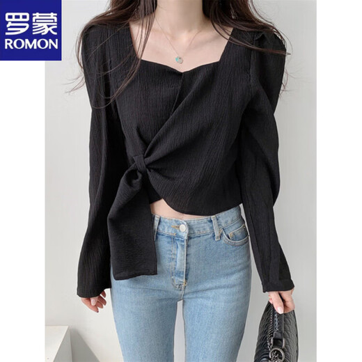 ROMON Hong Kong Style Slim Square Collar Shirt Women's Design Irregular Lace Top Long Sleeve Fashion Short Chic Shirt Black S