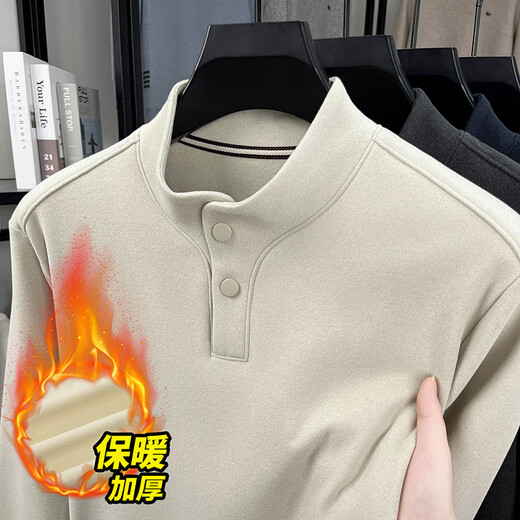Lilan fashion German velvet bottoming shirt men's Chinese stand-up collar button sweatshirt autumn and winter new long-sleeved warm T-shirt off-white S 165
