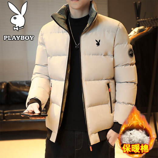 Playboy (PLAYBOY) cotton-padded jacket for men in winter, long-sleeved, warm, stand-up collar, thickened jacket, cotton-padded jacket for young and middle-aged people, black 2XL
