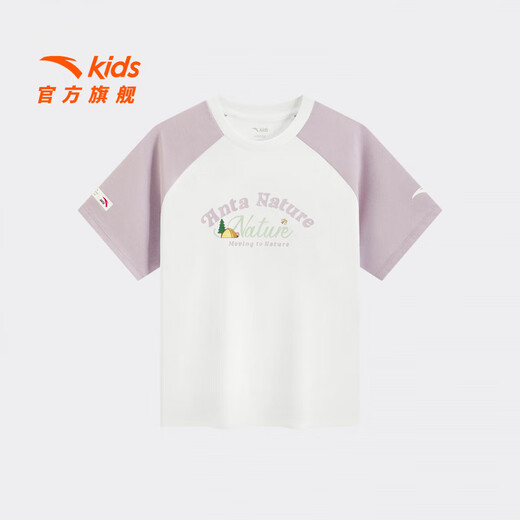 ANTA Children's T-shirt Girls' Wear 2026 Summer New Product Cotton Comfortable Color Block Printing Breathable Short T362626109 Pure White-1 150