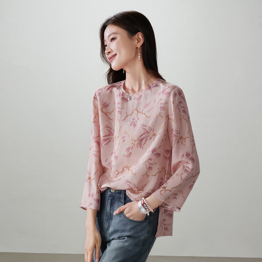 SOFSIL 2026 Spring New Mulberry Silk Fashion Casual Versatile Printed Shirt Women's Round Neck Breathable Drape Top