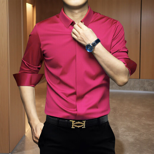 GEA light luxury men's shirt men's elastic slim fit seamless ironing-free anti-wrinkle business casual solid color men's long-sleeved shirt dark blue M recommended 120Jin Jin is equal to 0.5 kg within